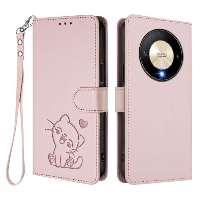 Embossed Heart Cat Leather Phone Case with Hand Strap, For Honor Magic6 Lite 5G / X9b / X50 / X50 Pro, For Honor X8b