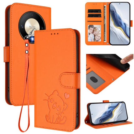 Embossed Heart Cat Leather Phone Case with Hand Strap, For Honor Magic6 Lite 5G / X9b / X50 / X50 Pro, For Honor X8b