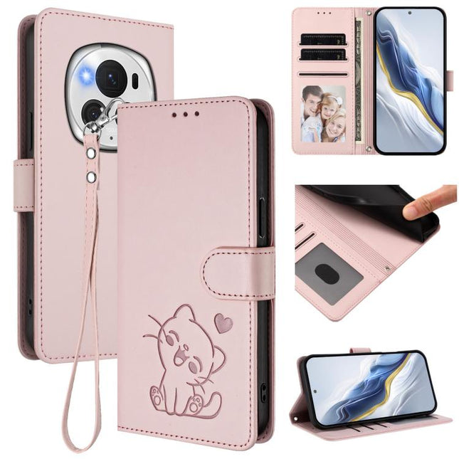 Embossed Heart Cat Leather Phone Case with Hand Strap, For Honor Magic6 Pro, For Honor Magic6