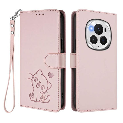 Embossed Heart Cat Leather Phone Case with Hand Strap, For Honor Magic6 Pro, For Honor Magic6