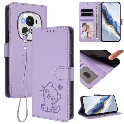 Embossed Heart Cat Leather Phone Case with Hand Strap, For Honor Magic6 Pro, For Honor Magic6