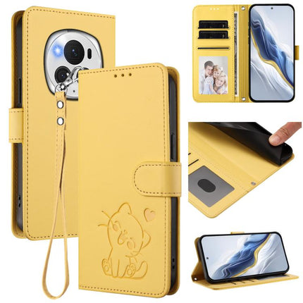 Embossed Heart Cat Leather Phone Case with Hand Strap, For Honor Magic6 Pro, For Honor Magic6