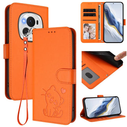 Embossed Heart Cat Leather Phone Case with Hand Strap, For Honor Magic6 Pro, For Honor Magic6