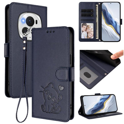 Embossed Heart Cat Leather Phone Case with Hand Strap, For Honor Magic6 Pro, For Honor Magic6