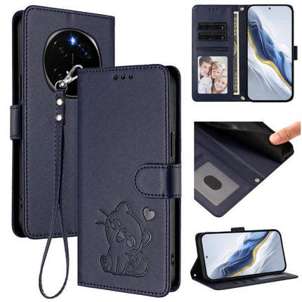 Embossed Heart Cat Leather Phone Case with Hand Strap, For Honor Magic7 Pro, For Honor Magic7