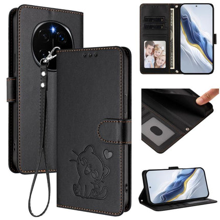 Embossed Heart Cat Leather Phone Case with Hand Strap, For Honor Magic7 Pro, For Honor Magic7