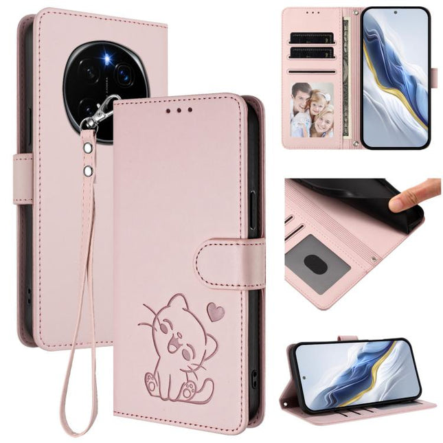 Embossed Heart Cat Leather Phone Case with Hand Strap, For Honor Magic7 Pro, For Honor Magic7