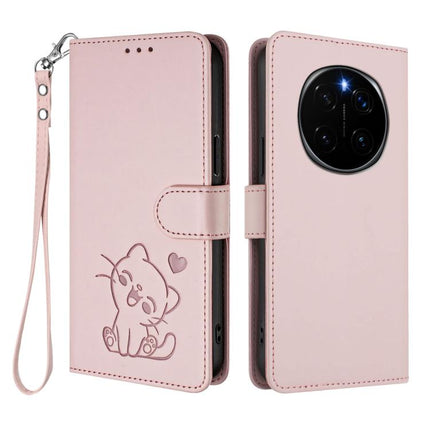 Embossed Heart Cat Leather Phone Case with Hand Strap, For Honor Magic7 Pro, For Honor Magic7