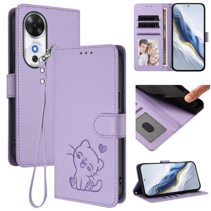 Embossed Heart Cat Leather Phone Case with Hand Strap, For Honor Power, For Honor Play 60
