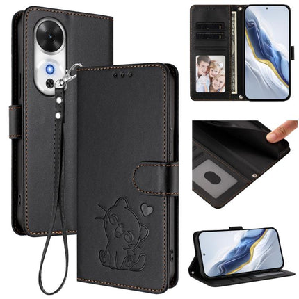 Embossed Heart Cat Leather Phone Case with Hand Strap, For Honor Power, For Honor Play 60