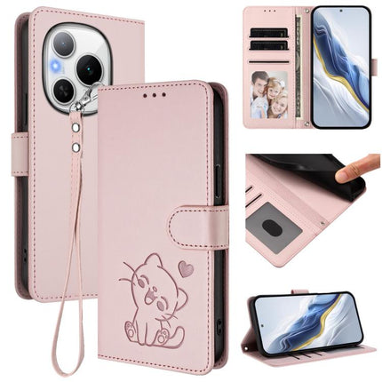 Embossed Heart Cat Leather Phone Case with Hand Strap, For Honor Power, For Honor Play 60