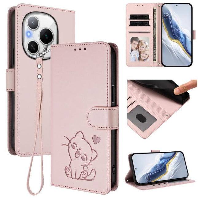 Embossed Heart Cat Leather Phone Case with Hand Strap, For Honor Power, For Honor Play 60