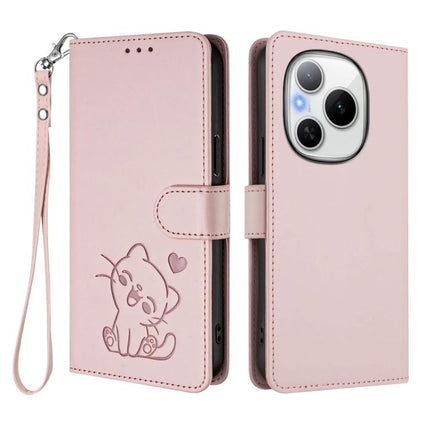 Embossed Heart Cat Leather Phone Case with Hand Strap, For Honor Power, For Honor Play 60