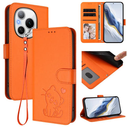 Embossed Heart Cat Leather Phone Case with Hand Strap, For Honor Power, For Honor Play 60