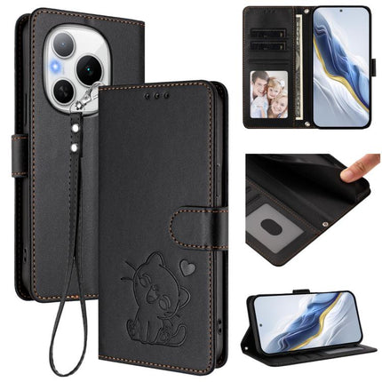 Embossed Heart Cat Leather Phone Case with Hand Strap, For Honor Power, For Honor Play 60