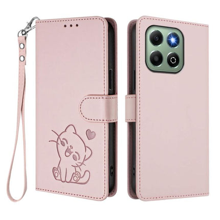 Embossed Heart Cat Leather Phone Case with Hand Strap, For Honor X6a / Honor X6b 4G, For Honor 200