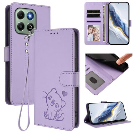 Embossed Heart Cat Leather Phone Case with Hand Strap, For Honor X6a / Honor X6b 4G, For Honor 200