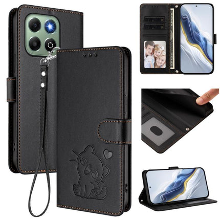 Embossed Heart Cat Leather Phone Case with Hand Strap, For Honor X6a / Honor X6b 4G, For Honor 200