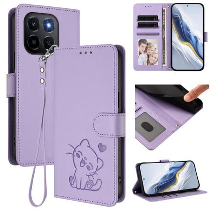 Embossed Heart Cat Leather Phone Case with Hand Strap, For Honor X70 5G, For Honor X6c 4G / X5b / X5b Plus