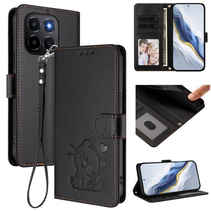 Embossed Heart Cat Leather Phone Case with Hand Strap, For Honor X70 5G, For Honor X6c 4G / X5b / X5b Plus