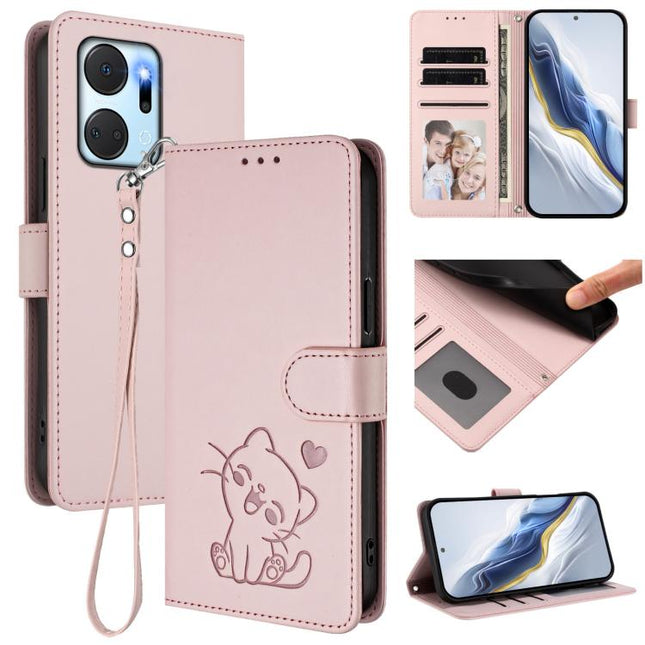 Embossed Heart Cat Leather Phone Case with Hand Strap, For Honor X7a / Honor Play7T, For Honor Magic5 Pro