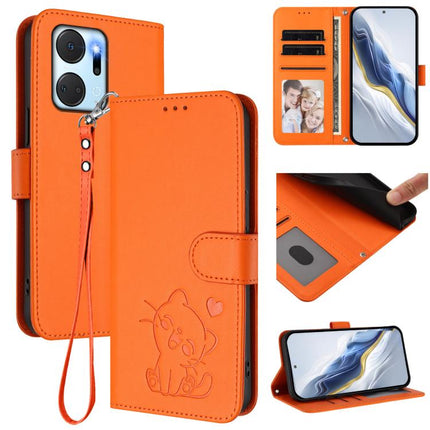 Embossed Heart Cat Leather Phone Case with Hand Strap, For Honor X7a / Honor Play7T, For Honor Magic5 Pro