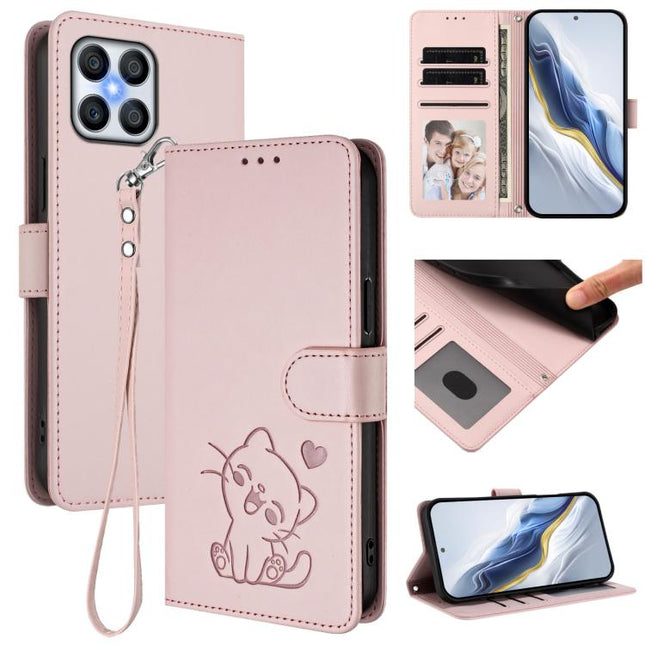 Embossed Heart Cat Leather Phone Case with Hand Strap, For Honor X8 4G / X30i / Play6T Pro, For Honor 60 SE