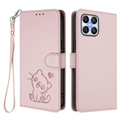 Embossed Heart Cat Leather Phone Case with Hand Strap, For Honor X8 4G / X30i / Play6T Pro, For Honor 60 SE