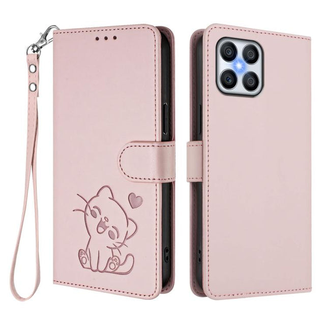 Embossed Heart Cat Leather Phone Case with Hand Strap, For Honor X8 4G / X30i / Play6T Pro, For Honor 60 SE