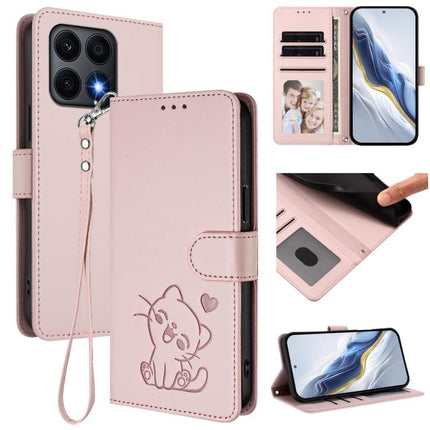 Embossed Heart Cat Leather Phone Case with Hand Strap, For Honor X8a, For Honor Magic5 Lite / X9a / X40