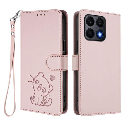 Embossed Heart Cat Leather Phone Case with Hand Strap, For Honor X8a, For Honor Magic5 Lite / X9a / X40