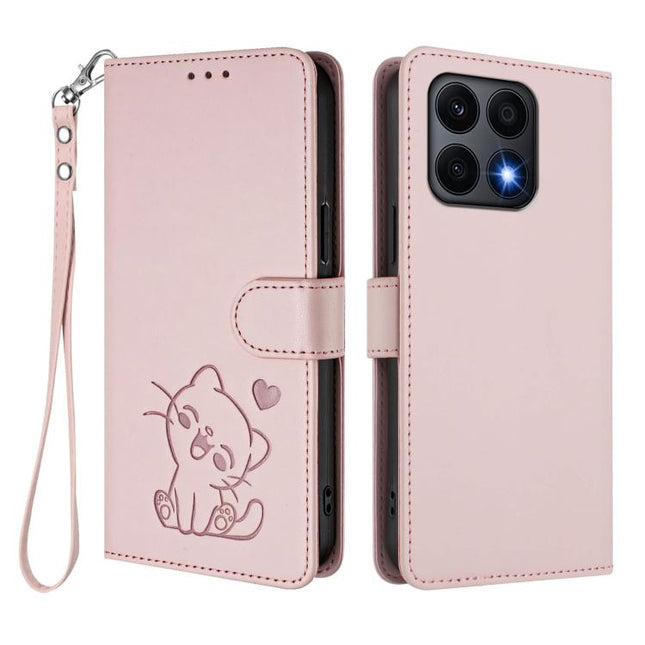 Embossed Heart Cat Leather Phone Case with Hand Strap, For Honor X8a, For Honor Magic5 Lite / X9a / X40