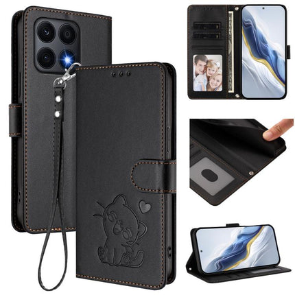 Embossed Heart Cat Leather Phone Case with Hand Strap, For Honor X8a, For Honor Magic5 Lite / X9a / X40