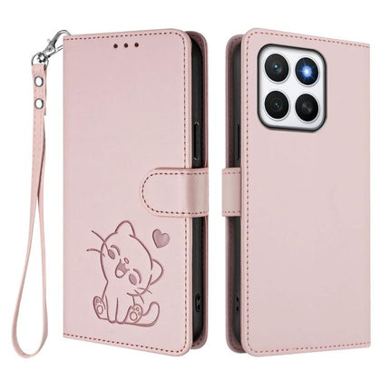 Embossed Heart Cat Leather Phone Case with Hand Strap, For Honor X8c 4G, For Honor X9c / X60 Pro / Magic7 Lite