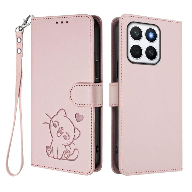 Embossed Heart Cat Leather Phone Case with Hand Strap, For Honor X8c 4G, For Honor X9c / X60 Pro / Magic7 Lite