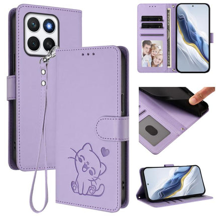 Embossed Heart Cat Leather Phone Case with Hand Strap, For Honor X8c 4G, For Honor X9c / X60 Pro / Magic7 Lite