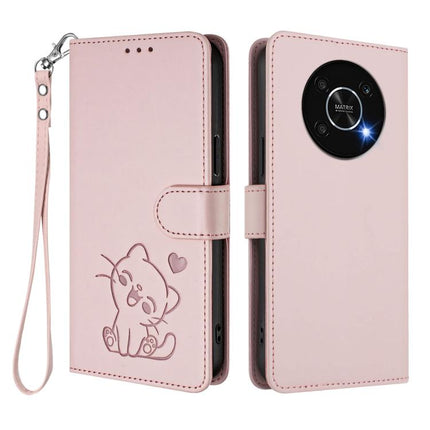 Embossed Heart Cat Leather Phone Case with Hand Strap, For Honor X9 5G / X9 4G, For Honor X40i