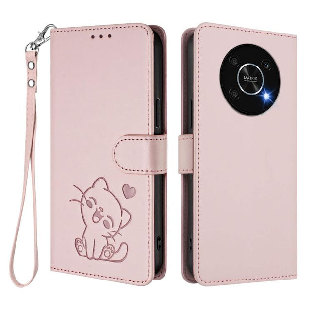 Embossed Heart Cat Leather Phone Case with Hand Strap, For Honor X9 5G / X9 4G, For Honor X40i