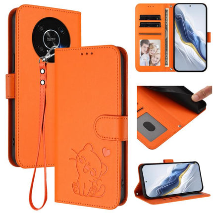 Embossed Heart Cat Leather Phone Case with Hand Strap, For Honor X9 5G / X9 4G, For Honor X40i