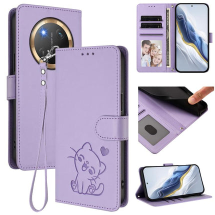 Embossed Heart Cat Leather Phone Case with Hand Strap, For Honor X8c 4G, For Honor X9c / X60 Pro / Magic7 Lite