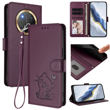 Embossed Heart Cat Leather Phone Case with Hand Strap, For Honor X8c 4G, For Honor X9c / X60 Pro / Magic7 Lite