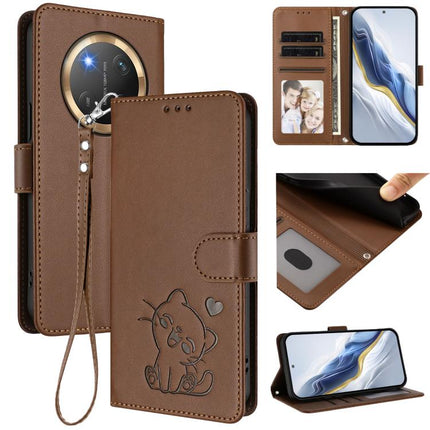 Embossed Heart Cat Leather Phone Case with Hand Strap, For Honor X8c 4G, For Honor X9c / X60 Pro / Magic7 Lite