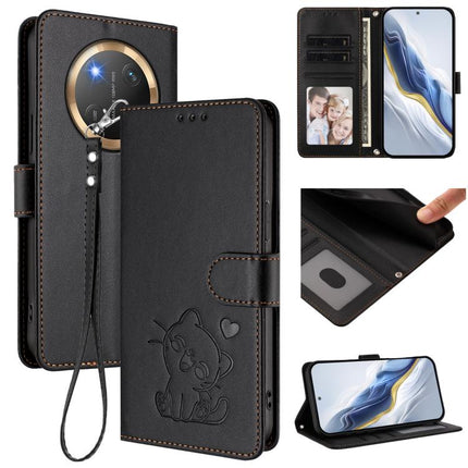 Embossed Heart Cat Leather Phone Case with Hand Strap, For Honor X8c 4G, For Honor X9c / X60 Pro / Magic7 Lite
