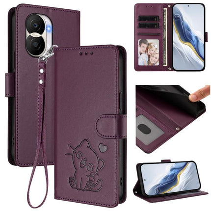 Embossed Heart Cat Leather Phone Case with Hand Strap, For Honor X9 5G / X9 4G, For Honor X40i