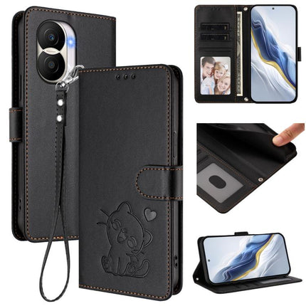 Embossed Heart Cat Leather Phone Case with Hand Strap, For Honor X9 5G / X9 4G, For Honor X40i