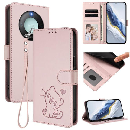 Embossed Heart Cat Leather Phone Case with Hand Strap, For Honor GT, For Honor X60 / Honor X9c Smart