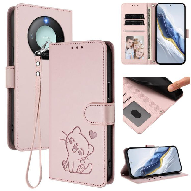 Embossed Heart Cat Leather Phone Case with Hand Strap, For Honor GT, For Honor X60 / Honor X9c Smart
