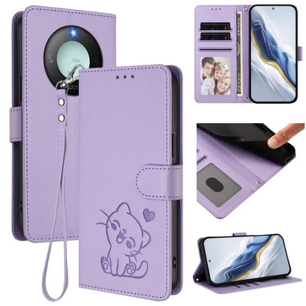 Embossed Heart Cat Leather Phone Case with Hand Strap, For Honor GT, For Honor X60 / Honor X9c Smart