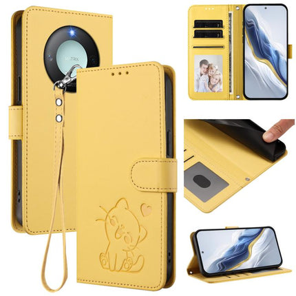 Embossed Heart Cat Leather Phone Case with Hand Strap, For Honor GT, For Honor X60 / Honor X9c Smart