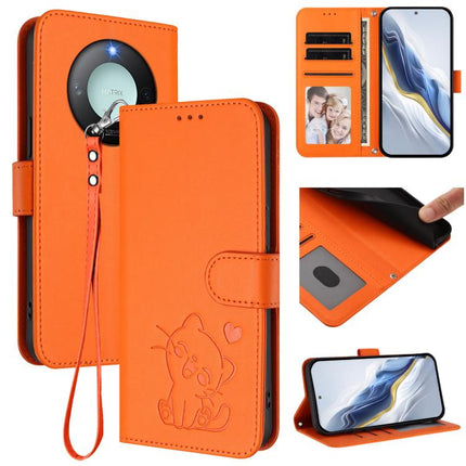 Embossed Heart Cat Leather Phone Case with Hand Strap, For Honor GT, For Honor X60 / Honor X9c Smart
